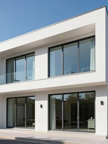 Wide shot of a pristine modern home exterior with large clean windows reflecting a clear blue sky, bright daylight, sharp architectural lines.