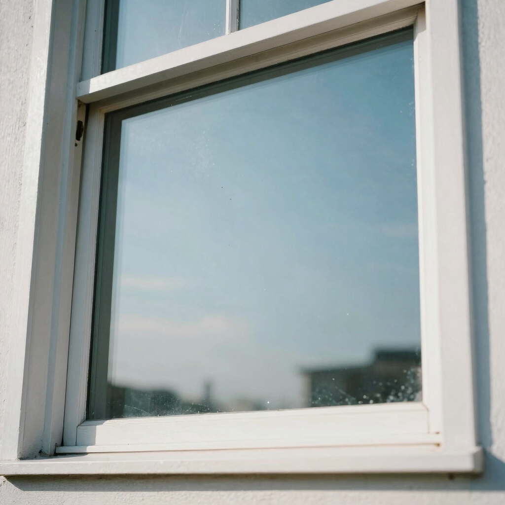 Close-up of a pristine, streak-free window reflecting a bright, clear sky, framed by neatly painted white trim.