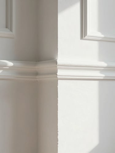 A close-up of a perfectly painted interior wall corner meeting a crisp white trim, bright natural morning light, clean lines, no visible brush strokes, minimalist aesthetic.