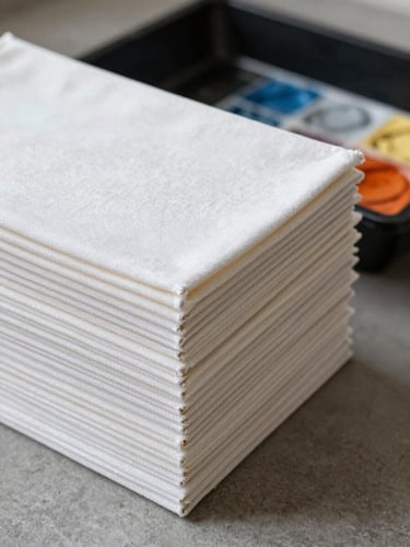 Close-up of a neat stack of clean canvas drop cloths next to a professional paint tray, soft natural lighting, pristine setup.