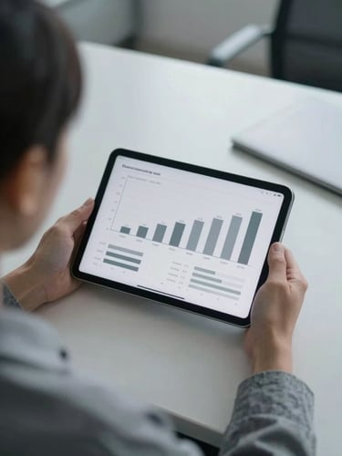 Over-the-shoulder shot of a strategic financial planning session, tablet showing clean gray charts, soft natural office light, cool slate tones, 35mm