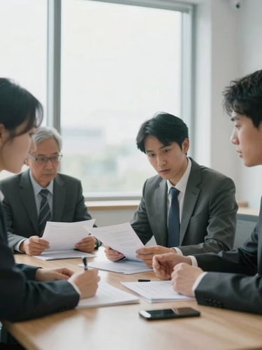Focused business owners discussing reports around a clean wooden table, diffused overcast daylight through large windows, professional editorial photography, 35mm