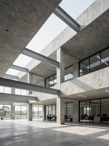 Wide angle of clean modern office architecture, concrete and steel geometry, bright daylight, minimal aesthetic.