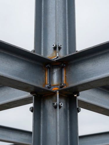 Industrial steel structure joint, close-up of heavy bolts and welds, cool overcast Basque daylight, high-contrast metallic shadows, safety-orange highlight, sharp focus, 35mm lens
