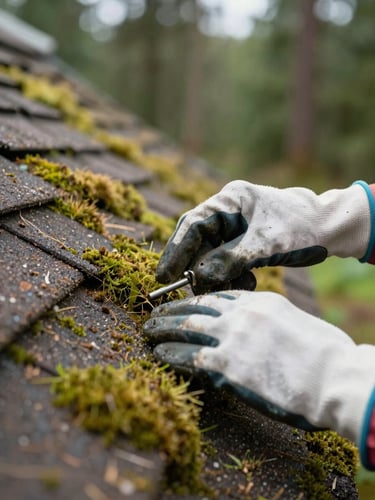 Close-up of hands in protective work gloves carefully scraping moss from a dark roof shingle, soft natural light, sharp focus on texture