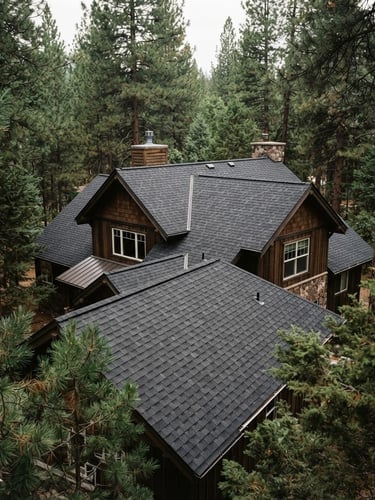A clean asphalt shingle roof of a home nestled among pine trees in Southern Oregon, soft overcast daylight, natural forest tones