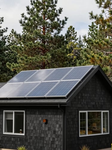 Crisp outdoor photography of a beautiful Southern Oregon home nestled in a pine forest, featuring pristine dark shingles and clean solar panels reflecting a soft overcast sky, natural daylight, 35mm