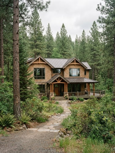 Crisp outdoor photography of a beautiful Southern Oregon home nestled in pine trees, soft overcast daylight, natural forest greens.
