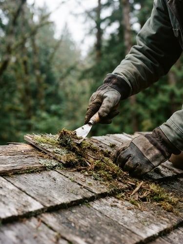 Crisp outdoor photography of a worker's hands in heavy gloves carefully scraping moss from a cedar shingle roof with a hand tool, soft overcast daylight, natural forest greens in the soft-focus background, 35mm