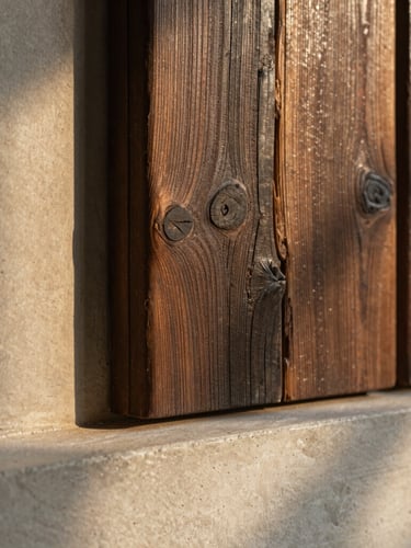 Close-up of dark weathered wood grain meeting smooth concrete, soft golden hour shadows, tactile architectural detail