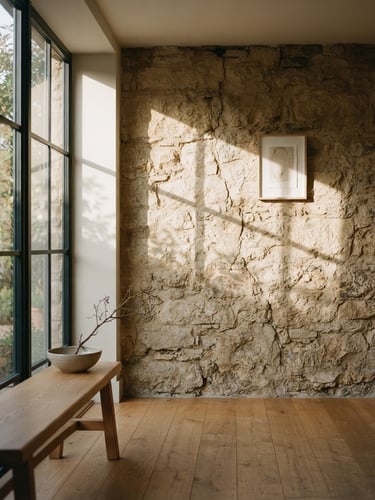 Warm editorial photography of a serene architectural space, soft afternoon window light casting shadows on a tactile stone wall, minimalist and organic, 35mm