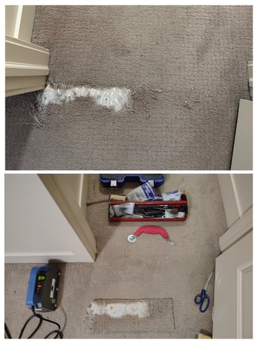 Pet damage to this doorway carpet in Draper, UT completely repaired by Flooring R&R for great price.