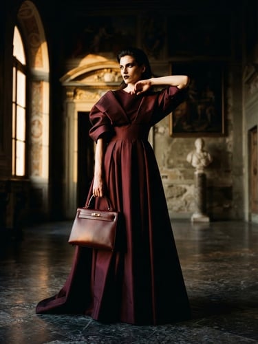 Cinematic fashion photography of a model in a dramatic, structured pose wearing a heavy silk gown, carrying a structured oxblood leather bag inside a grand historic Italian villa. Low-key chiaroscuro lighting, warm golden-hour window light, 35mm film grain, shallow depth of field.