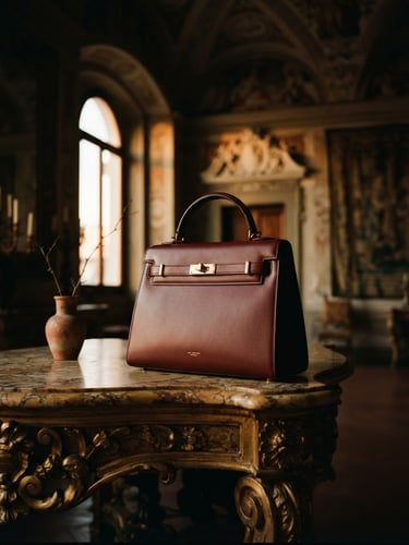 Low-key cinematic fashion photography of a structured oxblood leather bag resting on a gilded marble console inside a grand historic Florentine palazzo, warm golden-hour chiaroscuro shadows, 35mm film grain