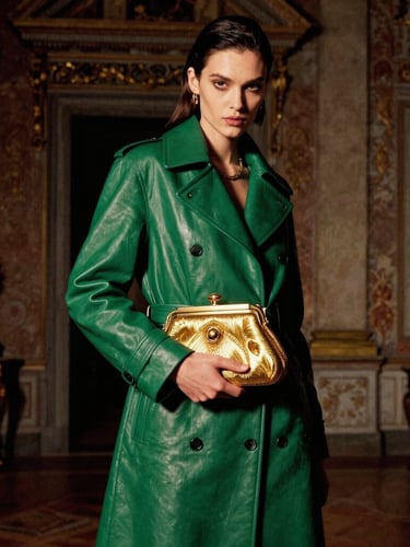 Portrait of a high-fashion model in a dramatic pose, wearing a structured emerald green leather coat, holding an opulent gold-hardware clutch inside a historic Tuscan palazzo, chiaroscuro lighting.