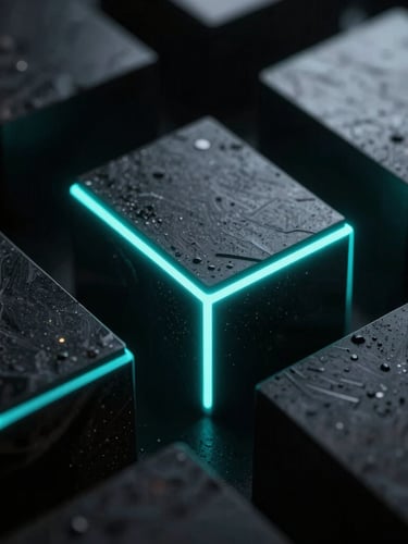 Macro shot of dark obsidian geometric structures with sharp glowing neon-cyan edges, high-contrast low-key backlighting, octane render style