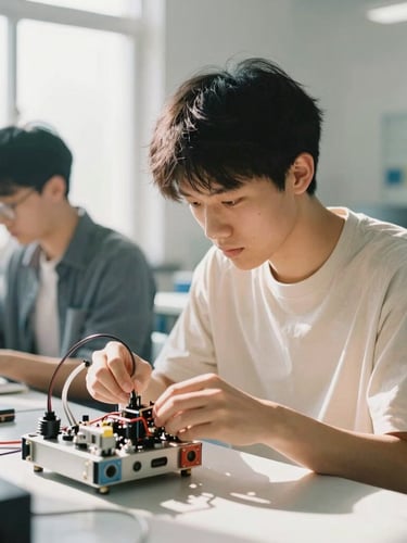 A collaborative STEM lab in bright natural daylight, a young adult focused on adjusting a robotics component, high contrast, warm tones, environmental portrait, 35mm.