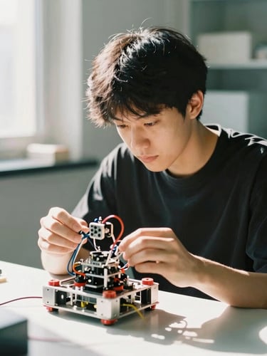A young adult in a high-contrast STEM lab, working with focus on a robotics prototype, bright natural daylight, environmental portrait, 35mm