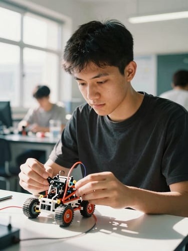 A medium-close environmental portrait of a young adult focused on a robotics project in a bright, modern daylight STEM laboratory, warm tones, 35mm photography
