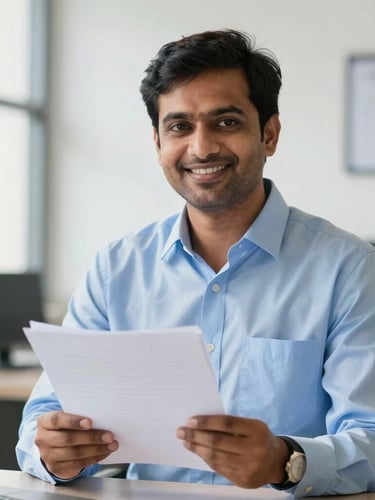A professional Indian insurance advisor in a clean blue shirt holding documents, smiling warmly, soft natural light, office background, 35mm