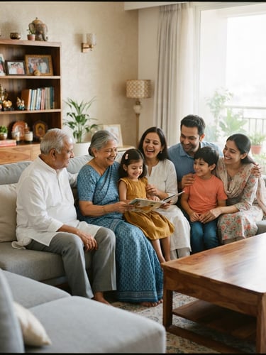 A warm environmental portrait of a multi-generational Indian family sitting together in a brightly lit modern living room, soft natural daylight, authentic 35mm photography