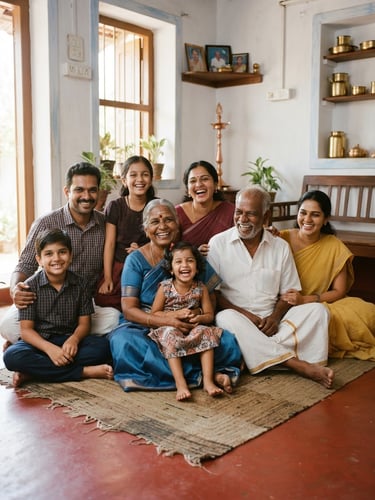 A warm, genuine portrait of a multi-generational Indian family sitting together in their sunlit home in Tamil Nadu, smiling naturally, bright daylight, 35mm photography
