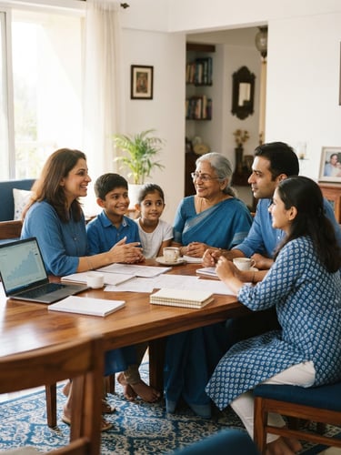 Warm environmental portrait of an advisor speaking with a multi-generational Indian family in a bright, sunlit room, 35mm editorial photography, clear blue and white tones