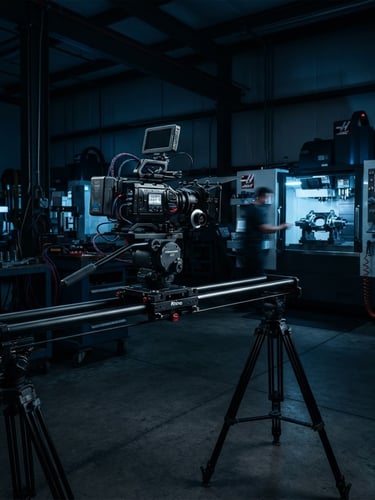 Wide panoramic shot of a professional camera rig on a slider, filming in a modern industrial workshop, dramatic cool-toned lighting, deep shadows, electric blue accents, sharp focus, 35mm.