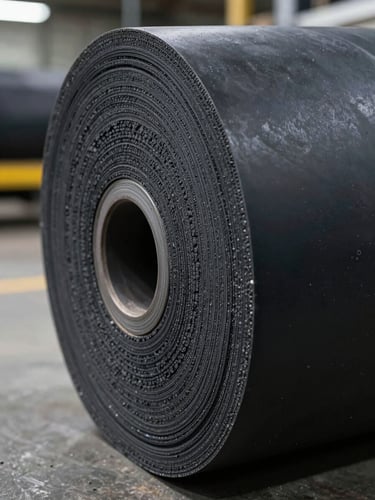 Extreme close-up of a freshly cut neoprene compound cross-section on a production floor, harsh overhead factory lighting revealing the dense black rubber matrix, fine layered texture and precise cut edge fully sharp, industrial floor visible out of focus in background