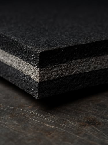 Extreme close-up of a cut neoprene sheet cross-section laid on a steel workshop surface, harsh overhead industrial lighting revealing layered black and grey material strata, texture and density visible in sharp detail, no packaging or labeling in frame