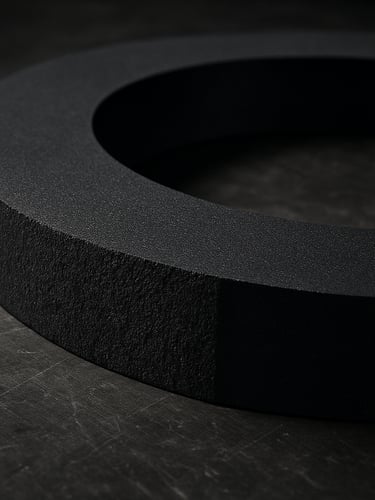 Close-up panoramic of a freshly cut EPDM gasket ring lying flat on a steel workbench, the cut edge revealing dense black rubber cross-section with visible material uniformity, harsh overhead site lighting, framed tightly so the cut face fills the left edge of the frame with dark metal surface behind