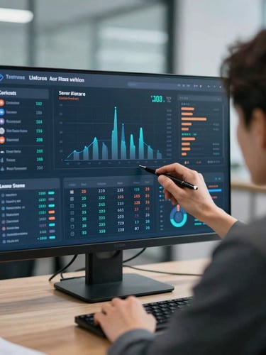 Over-the-shoulder view of a marketing analyst reviewing a real-time performance dashboard with clean data visualizations under cool studio light.