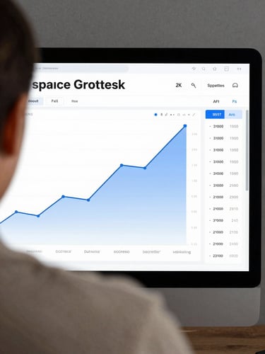 Over-the-shoulder view of a clean, high-contrast digital marketing analytics dashboard showing upward trending growth charts, cool studio lighting, Space Grotesk typography elements visible on screen.