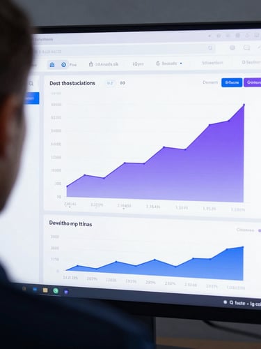Over-the-shoulder shot of a clean analytics dashboard displaying conversion metrics and rising growth charts, cool blue and purple lighting, sharp UI details