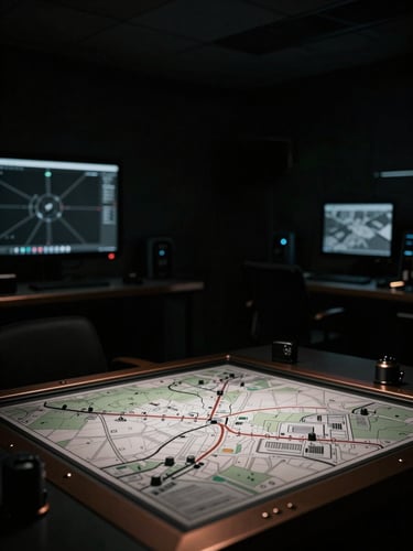 Cinematic noir photography of a high-tech monitoring room in deep shadow, a single focused light beam illuminating a tactical map on a desk, dark bronze accents, 35mm film.