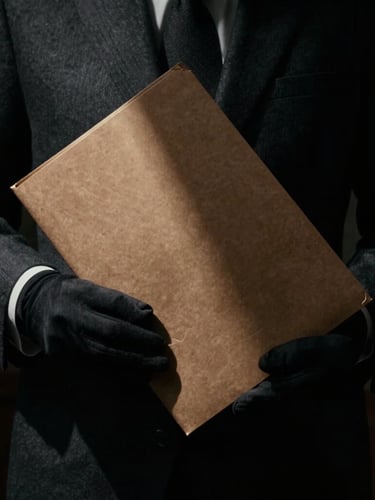 Cinematic noir photography of gloved hands holding a confidential document folder under a single sharp light beam, high contrast chiaroscuro, dark lead gray, 35mm film