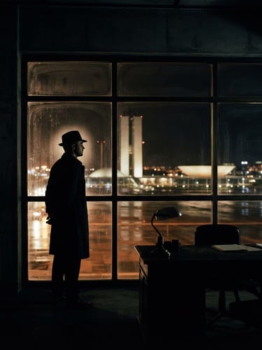 Cinematic noir photography, chiaroscuro lighting. A silhouette of an investigator in a dark concrete office in Brasília looking out of a glass window at night, deep shadows, bronze reflections, high contrast, 35mm film.