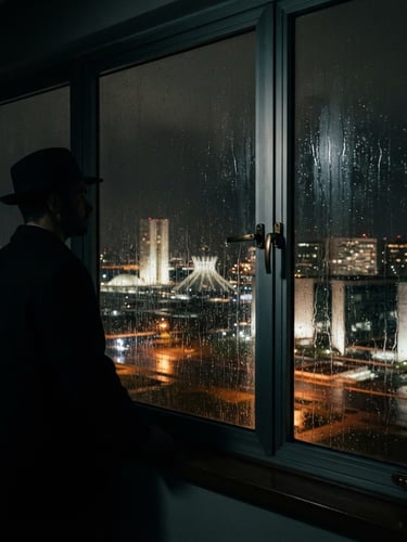 Cinematic noir photography, chiaroscuro lighting, a lone silhouette of a person looking through a rain-streaked window overlooking modern Brasília architecture, deep shadows, bronze accents, 35mm film