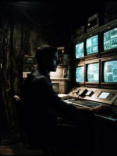Cinematic noir photography of a high-contrast shadow of an analyst looking at glowing monitoring screens in a dark room, deep shadows, bronze tones, 35mm film