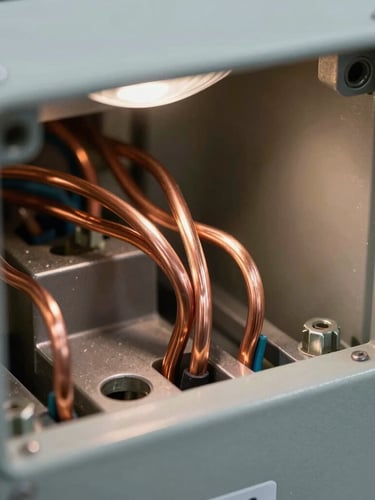 Macro detail shot of clean, perfectly routed copper wiring inside a newly installed industrial-grade electrical panel, sharp overhead light reflecting off metal surfaces.
