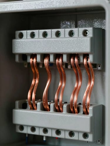 Macro close-up of perfectly routed copper wiring inside a newly installed heavy-duty commercial electrical panel, high-contrast directional work light.