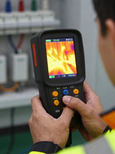 Close-up of a technician in high-vis gear holding a thermal imaging camera screen displaying bright yellow and orange heat signatures of an electrical circuit.