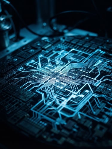 Extreme close-up of a quantum processor's silicon wafer, intricate circuitry glowing with cool blue light, deep shadows, 35mm lens.