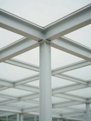 Abstract close-up of a structural steel and glass pavilion, soft diffused daylight, clean geometric shadows, light gray tones, minimal composition