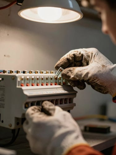 Close-up of an electrician's gloved hands inspecting a fuse box with old glass fuses, warm basement work light overhead, corroded metal contacts visible, shallow focus on the fuse row, muted gray background of unfinished wall