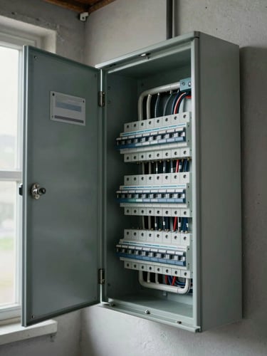 Wide shot of a freshly installed residential electrical panel mounted on a basement wall, panel door open to reveal neatly labelled breakers and clean wiring runs, natural daylight from a nearby window, no people