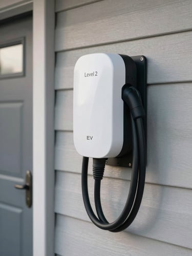 Close-up of a sleek white Level 2 EV charger mounted cleanly on a residential garage wall, cable coiled neatly, soft interior garage light, no people visible, sharp focus on the unit and mounting hardware