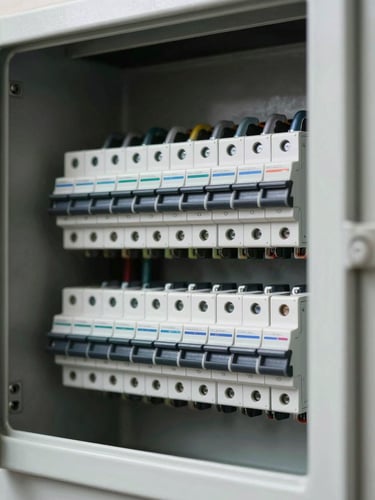 Close-up overhead view of a newly installed residential electrical panel, clean labeled breakers in neat rows, bright overhead lighting, crisp white trim on dark enclosure, no people