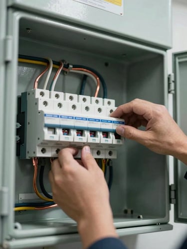 Close-up overhead view of a residential electrical panel mid-upgrade, copper wiring neatly routed, a technician's forearm and hand visible steadying a breaker, bright workshop lighting from above, clean cinematic framing
