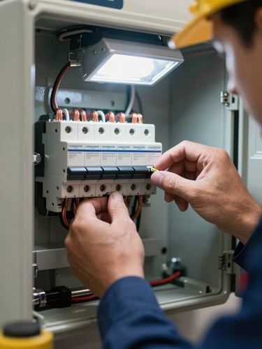 Close-up of a licensed electrician's hands installing a circuit breaker inside a residential panel box, bright overhead worklight illuminating clean copper wiring and labeled breakers, tools on the edge of frame